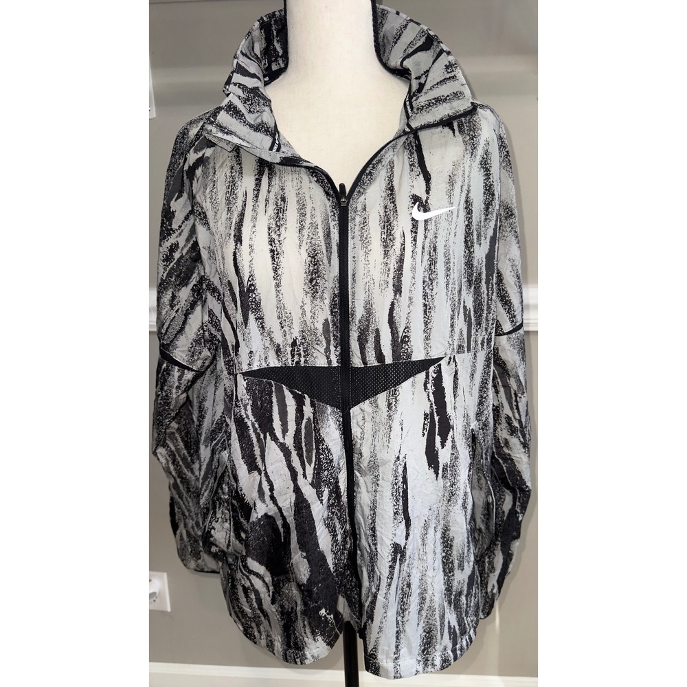 Nike Running Mens Windbreaker Jacket Packable Hood Black White Abstract Print L